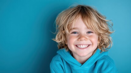 A cheerful and happy child with curly blonde hair smiles brightly against a vivid blue background, radiating pure joy and innocence that warms the heart.