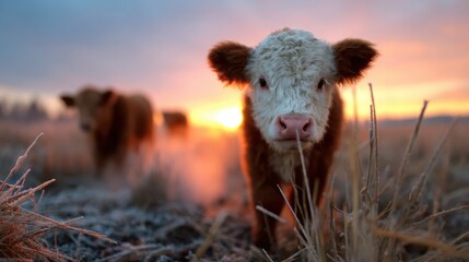 A close-up of a curious calf gazes inquisitively at the beautiful sunset landscape, embodying the essence of rural life and the tranquility of nature's beauty.