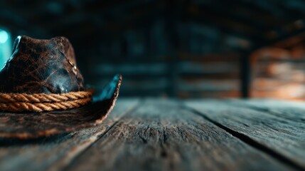 A beautifully crafted rustic cowboy hat rests atop a weathered wooden table, evoking a sense of nostalgia and adventure in a Western setting filled with charm.