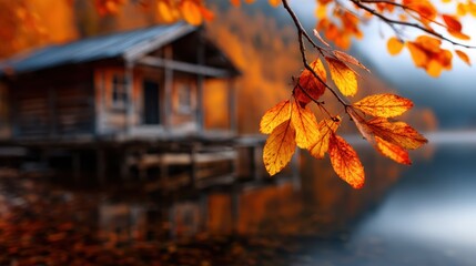 Bright orange and gold autumn leaves hang gracefully over a serene lake, reflecting a tranquil wooden cabin in the background that embodies nature's serene beauty.