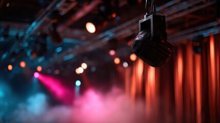 A captivating view of a theater stage showcasing vibrant colored lights and atmospheric effects, perfect for representing entertainment and performance art.