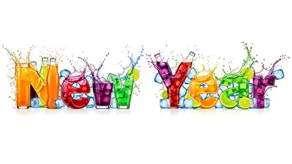 Refreshing New Year Typography Created with Colorful Cold Drinks and Ice Splash
