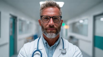 A confident middle-aged doctor exuding professionalism and care, captured in a hospital corridor, ideal for medical and healthcare representations.