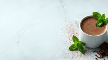 A rich cup of hot chocolate decorated with fresh mint leaves and a sprinkle of cocoa powder, representing pure indulgence and comfort in a serene setting.
