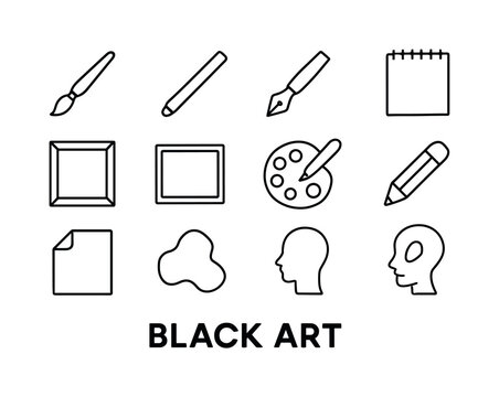 Black Art Icons. Black art. Line icon set of black art: ink brus