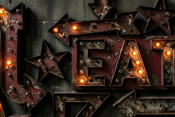 Vintage illuminated metallic marquee signs with glowing bulbs, featuring arrows and the word 'EAT', evoking a retro carnival or diner aesthetic