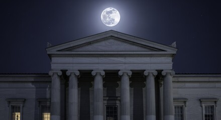 Majestic Neoclassical Building Under a Bright Full Moon and Starry Night Sky