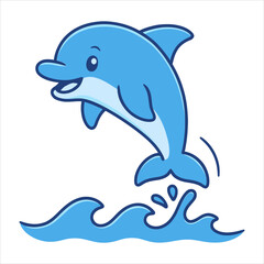 Playful Cartoon Dolphin Leaping Over Waves with Joyful Expression.