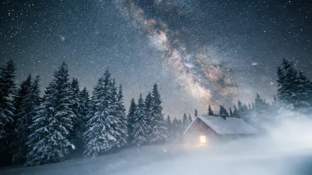 Wooden cabin glows warmly beneath a star-filled milky way as snow drifts over pine and spruce, a tranquil winter refuge in a remote, frosty forest landscape