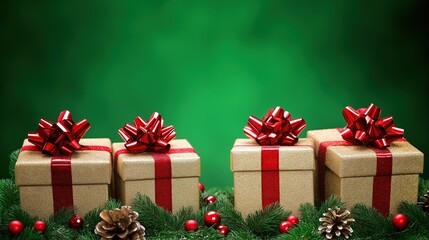 Obraz premium Four Christmas gifts with red bows and ribbons arranged in neat rows on a solid green background for holiday concept