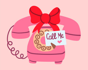 Flat style illustration of pink vintage rotary phone with big red bow and call me note, perfect for Valentine s Day cards, flirty messages, and retro romantic designs.