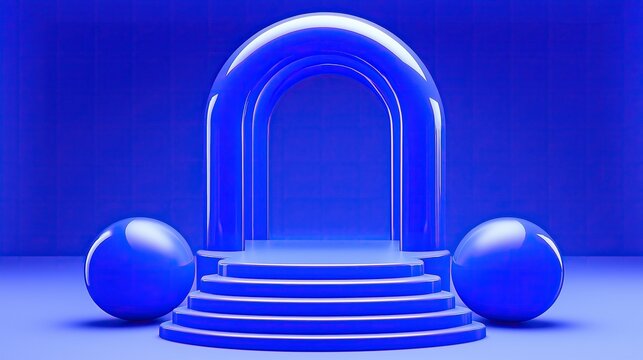 Blue background with a stage and podium for product presentation, abstract minimalistic composition featuring an arch and blue balls - Powered by Adobe