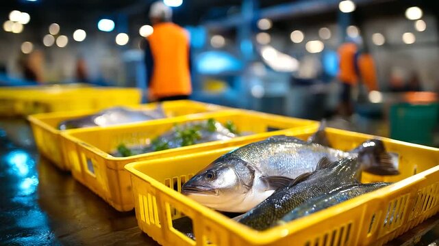 Freshly caught fish displayed in yellow plastic baskets at seafood processing facility in early morning light, organized catch presentation, defocused factory equipment, with copy