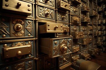 Obraz premium Golden drawers are slightly open, revealing their contents in an old apothecary cabinet, creating an intriguing close up