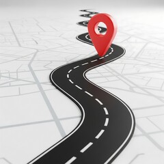 3D Render of Winding Road Map with Red GPS Location Pin Indicating Destination or Starting Point