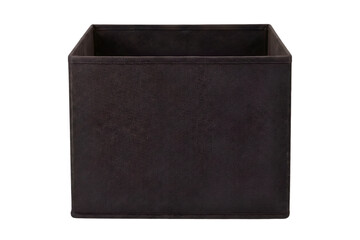 A simple dark brown square fabric storage cube or box, ideal for organizing shelves and drawers, perfect for decluttering any living space