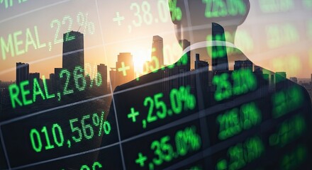 Silhouette of a man against a city skyline at sunset, with financial data overlay.