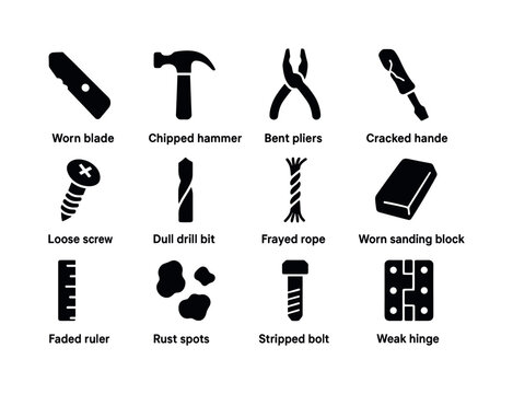 Tool Wear Icons. Tool Wear & Tear. Solid icon set of Tool Wear &