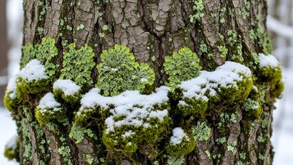 Obraz premium Close-up of Tree Bark with Bright Green Foliose Lichen and Moss Covered in Fresh Snow