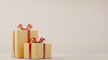 Two gift boxes adorned with a red ribbon lying on a clean white background for celebration or presentation concept