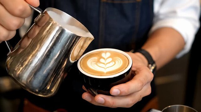Slow Motion Barista Pouring Latte Art Close Up