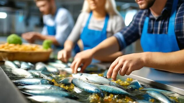 Faceless workers in blue aprons carefully sorting and arranging freshly caught fish on conveyor belt, preparing seafood for processing and distribution, industrial facility, with c