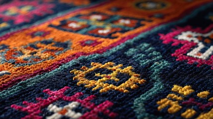 Fototapeta premium Close-up of a vibrant oriental rug showcasing intricate, colorful patterns. AI-generated image carpet