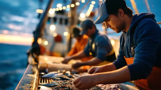 On fishing trawler deck at dusk, faceless crew members diligently sorting various fish species, separating valuable catches from bycatch, bustling maritime environment, defocused t