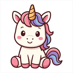 Adorable Cartoon Unicorn with Colorful Mane and Golden Horn Sitting Happily.