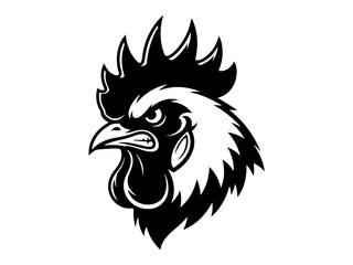 A stylized black and white illustration of an angry rooster's head.