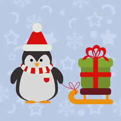 Penguin in Santa hat and striped scarf pulling large Christmas gift on sled. Perfect for winter holiday cards, banners, invitations, and festive promotions