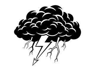 A stylized black and white illustration of a dark storm cloud with a lightning bolt striking downwards.