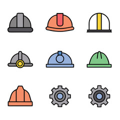 Collection of colorful construction helmets and gears in flat style gray