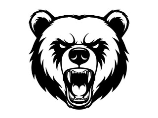 A fierce black and white illustration of a grizzly bear's head with its mouth open and teeth bared.