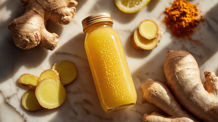 Naklejka na ściany i meble Fresh cold pressed ginger turmeric immunity shot in a glass bottle surrounded by raw ingredients