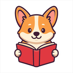 Adorable Corgi Puppy Reading a Book with Cheerful Expression and Joyful Attitude.