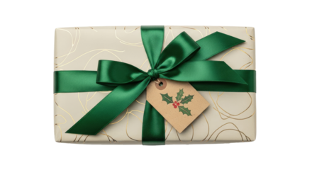 A wrapped gift with a green ribbon and a tag with a holly design on a white background.