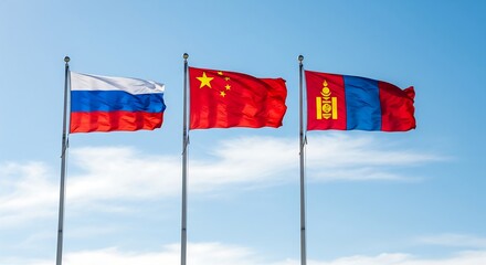 Flags of Russia, China, and Mongolia Waving in Unison Against a Bright Blue Sky