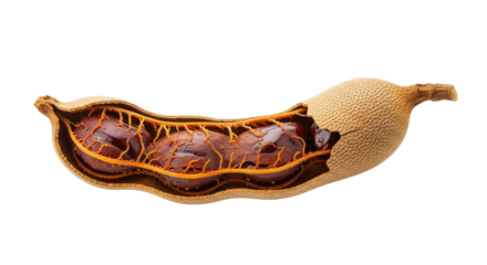 A tamarind fruit with its skin removed, revealing its inner seeds and flesh.
