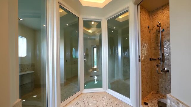 This stunning video showcases a spacious modern bathroom with a stylish glass shower enclosure. Elegantly designed with luxurious finishes and bright lighting, it creates a relaxing oasis for daily ro