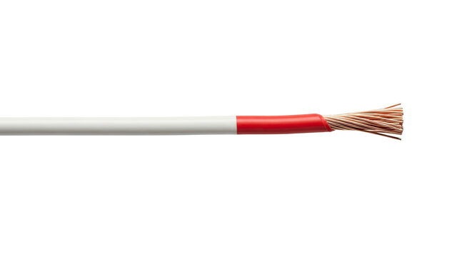 A white and red electrical cable with copper wires on a white background.
