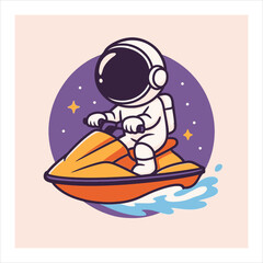 Naklejka premium Cartoon Astronaut Riding a Jet Ski Through Space with Stars and Water.