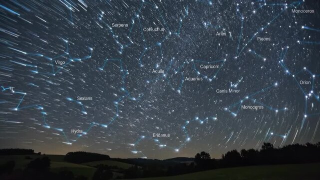 Star chart displaying numerous constellations like orion, taurus, leo, virgo, aries, aquarius, and pisces, presenting the visible night sky with bright stars above a dark landscape