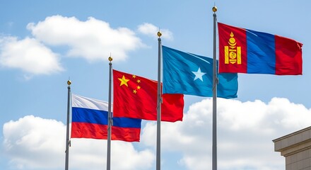 National Flags of Russia, China, Somalia, and Mongolia Waving in International Display