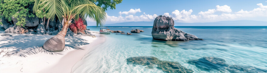 ヤシの木と透明な海の静かな南国ビーチ