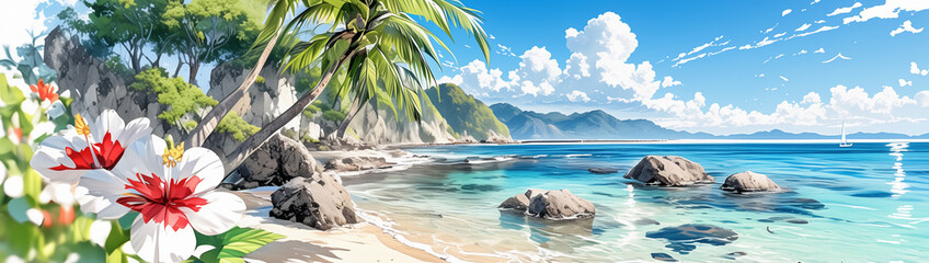 ハイビスカスと青い海の南国ビーチ風景