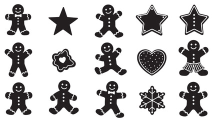 Black Gingerbread Men Silhouettes with Stars and Heart on White Background