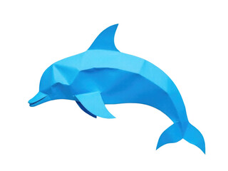Obraz premium A blue paper dolphin leaps out of the water. transparent background
