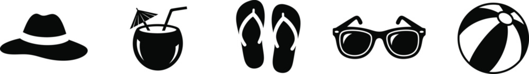 Fototapeta premium Set of summer vacation icons including a hat, cocktail, flip-flops, sunglasses, and beach ball on a white background