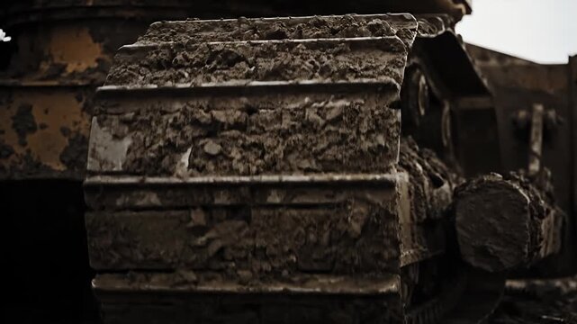 Close Up of Heavy Construction Vehicle Tracks Covered in Mud